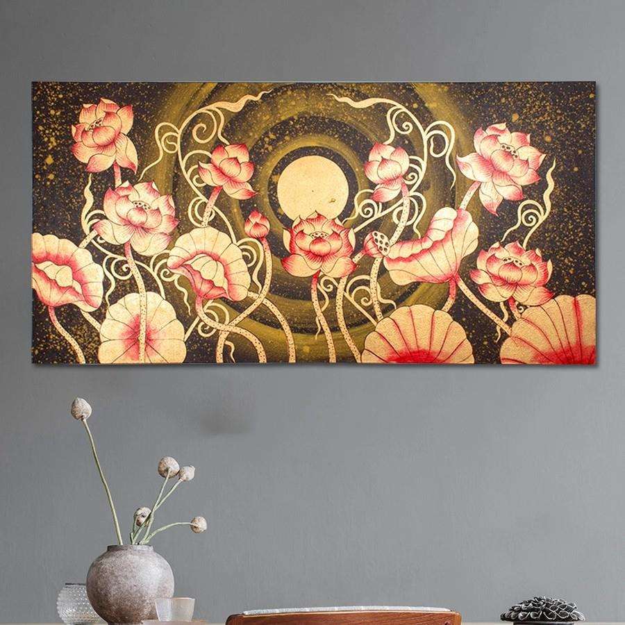 东南亚手绘油画泰式玄关走廊壁画客厅创意挂画过道横版金箔荷花