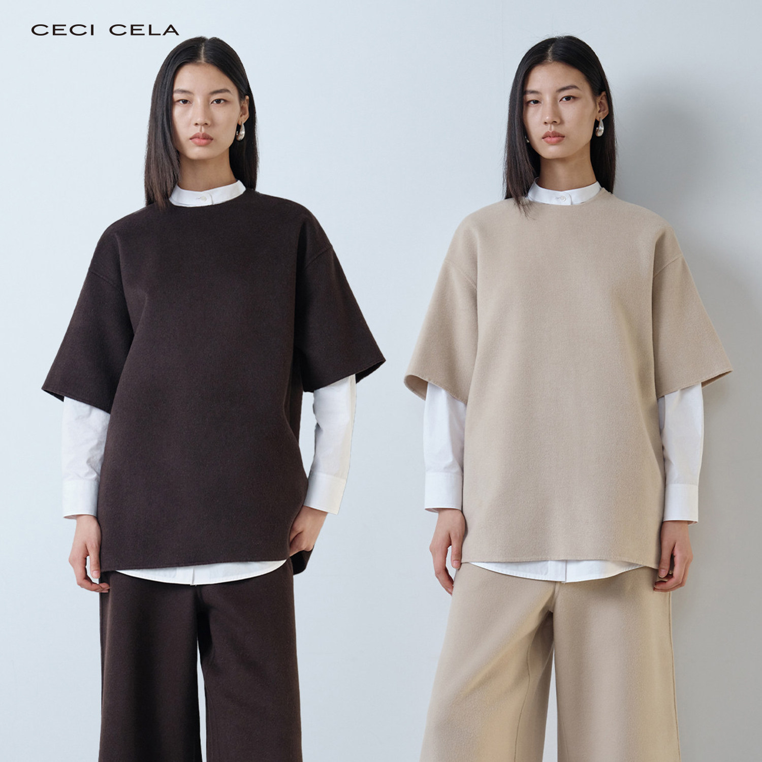 CECICELA羊毛两件套装毛呢上衣圆领短袖七分裤子女设计感舒适复古