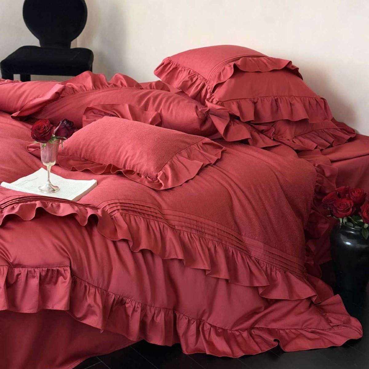 婚庆复古澳棉提花四件套纯色荷叶边红色喜被套床单1.8m床上用品