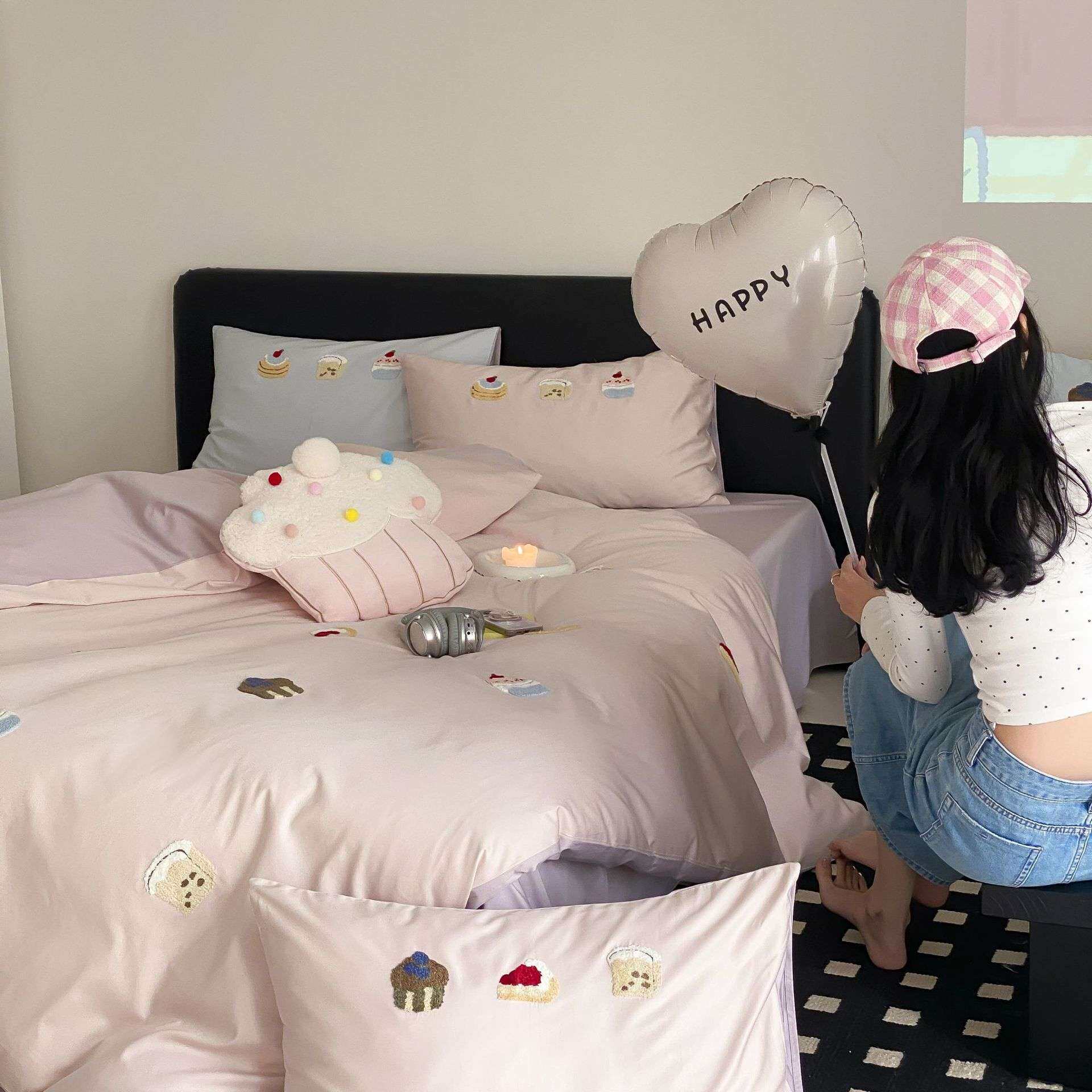 粉色少女全棉毛巾绣100S长绒棉四件套纯棉儿童被套少女心床上用品