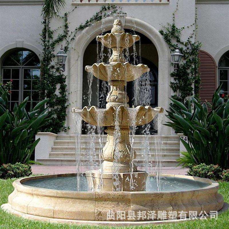 小区晚霞红石雕喷泉庭院养鱼水池子石材花盆喷泉水景大型喷泉雕塑