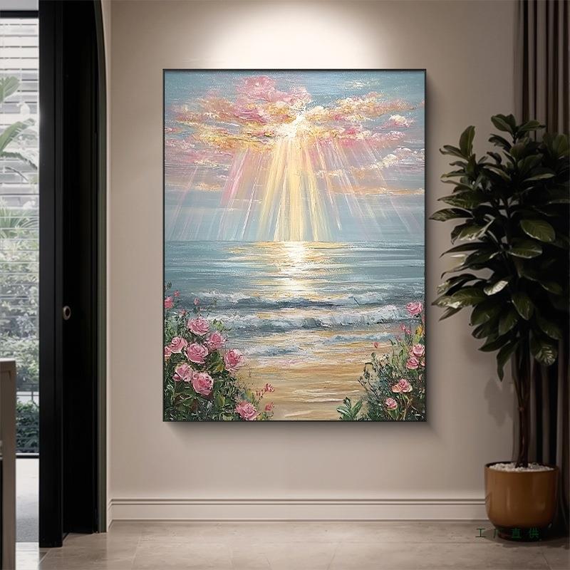海景手绘油画粉色玫瑰玄关装饰画大芬村现代简约曙光客厅沙发挂画