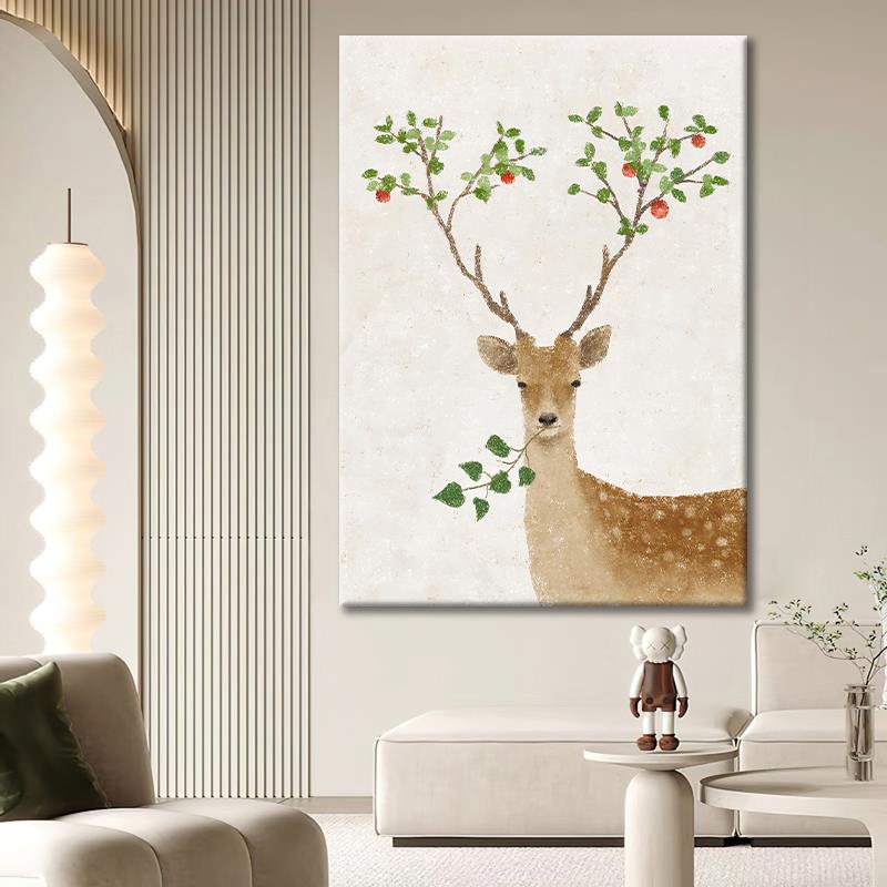 奶油风客厅手绘油画小清新梅花鹿装饰画日系玄关餐厅卧室床头挂画