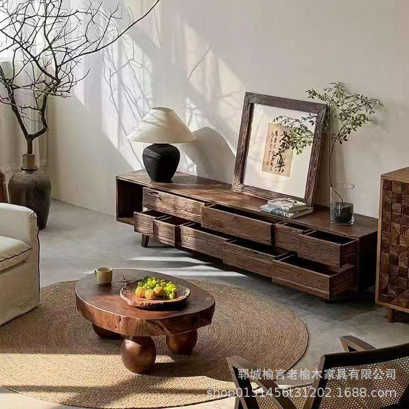 老榆木电视柜客厅卧室靠墙柜多抽屉收纳储物柜民宿落地柜实木边柜