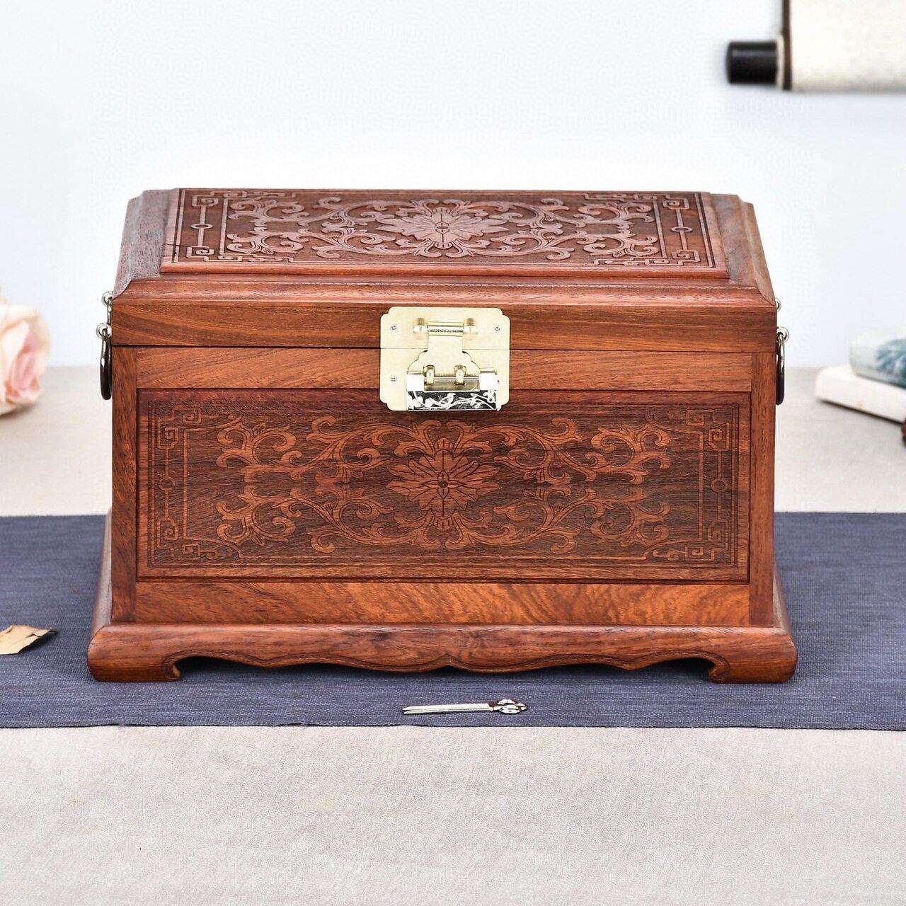 缅甸花梨西番莲藏盒仿古木盒带锁复古盒子珠收纳百箱