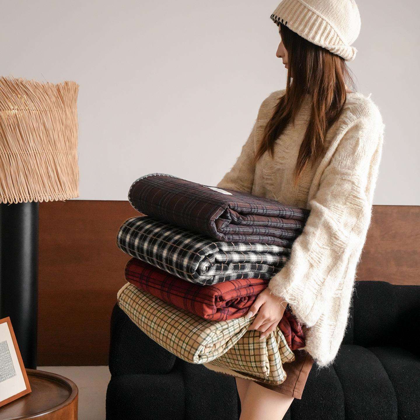 复古秋冬全棉仿生羊毛毯子英伦格子磨毛色织提花卧室沙发午休盖毯