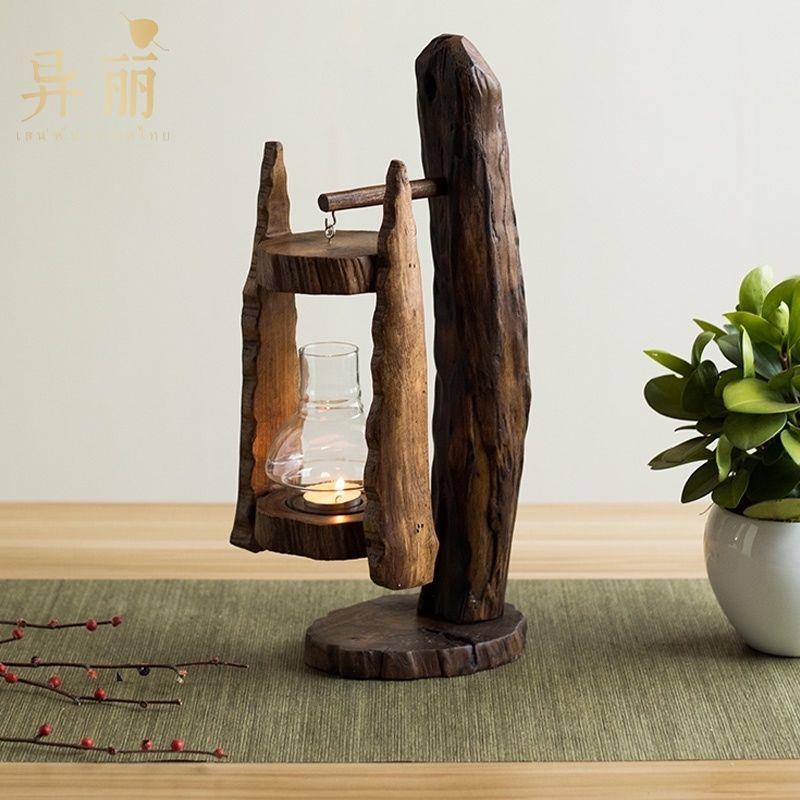 泰国原木烛台风灯 复古东南亚玻璃罩蜡烛台户外防风马灯创意摆件