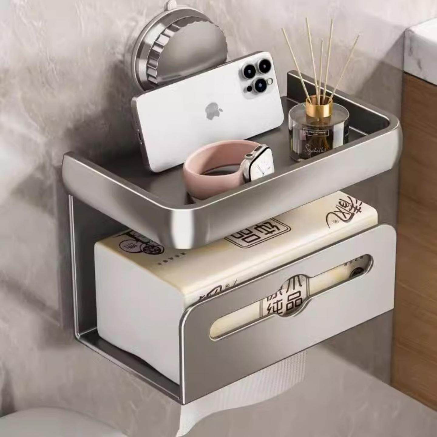 卫生间纸巾盒吸盘免打孔浴室厕纸盒放抽纸器卷纸架子太空铝双抽盒