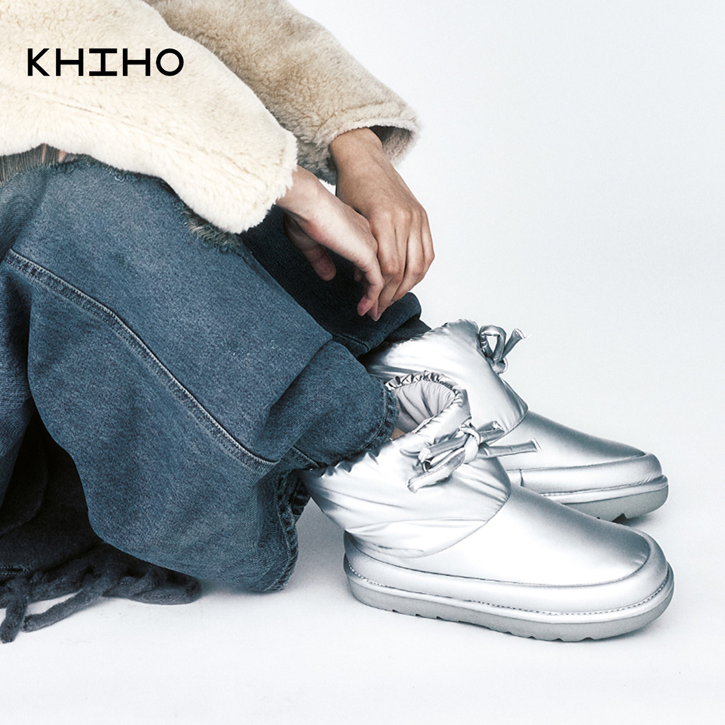 khiho银色系带雪地靴女冬季保暖加厚时尚棉靴女靴子2026年新款