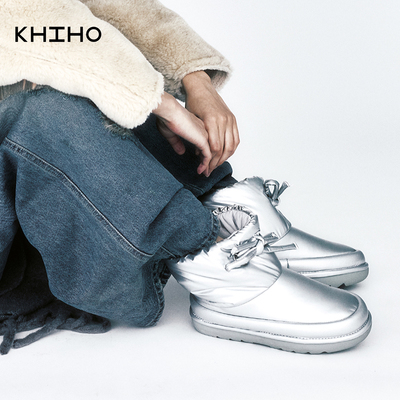 khiho银色系带雪地靴女冬季保暖加厚时尚棉靴女靴子2026年新款