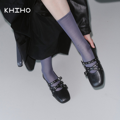 khiho2026春夏季复古风方头玛丽珍鞋女铆钉双扣带粗跟百搭单鞋