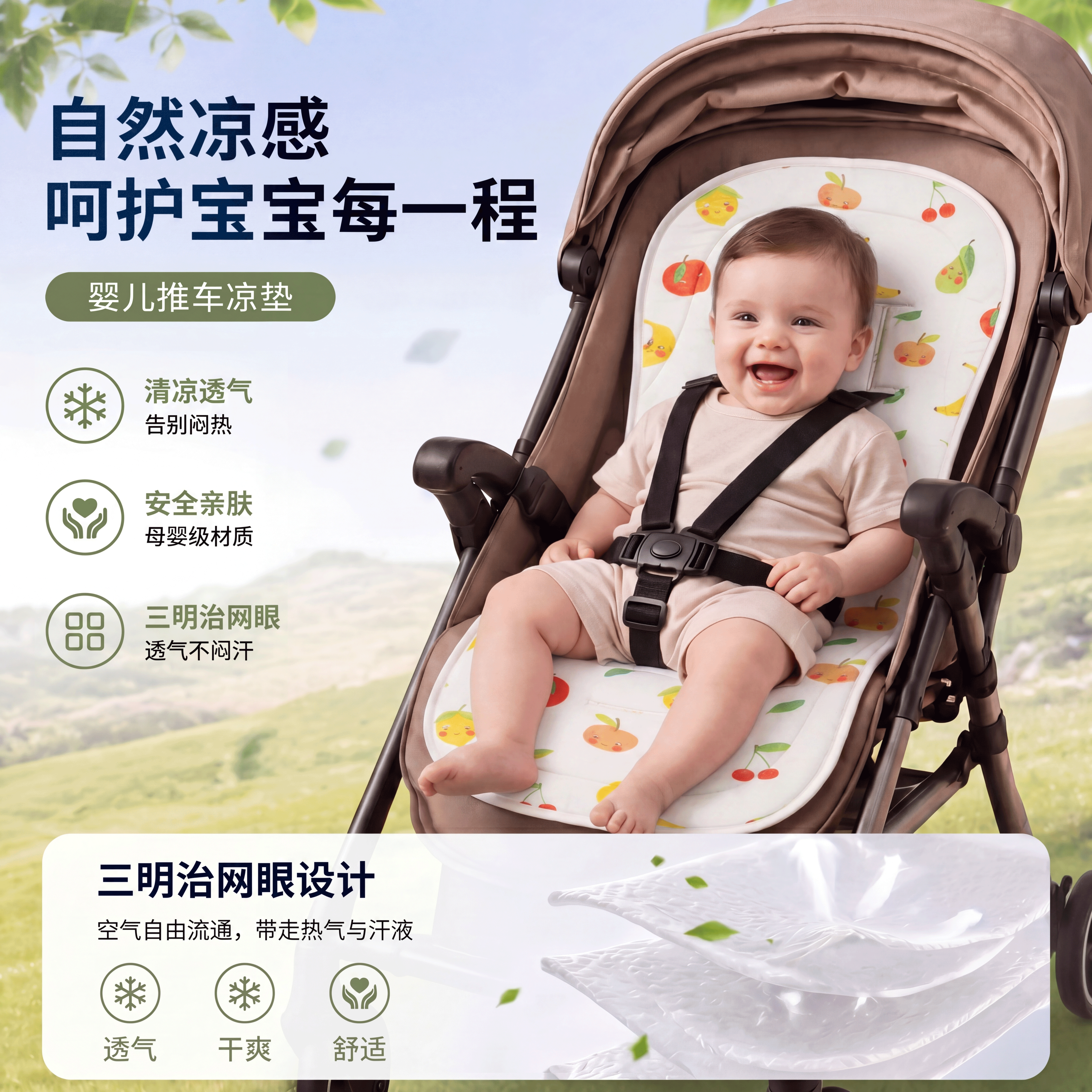 Nmay推车凉垫通用座椅分腿式凉席坐垫凉爽透气夏季物理降温配件