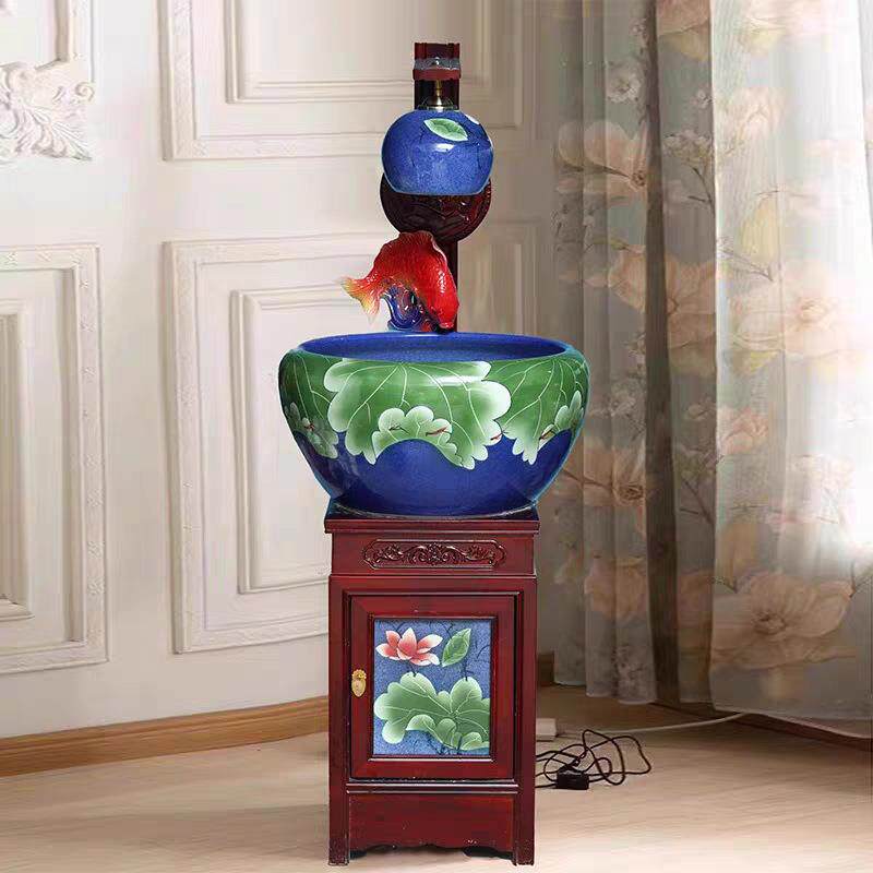 新款景德镇观赏陶瓷鱼缸循环流水摆件柜式带灯造景加湿器落地鱼盆