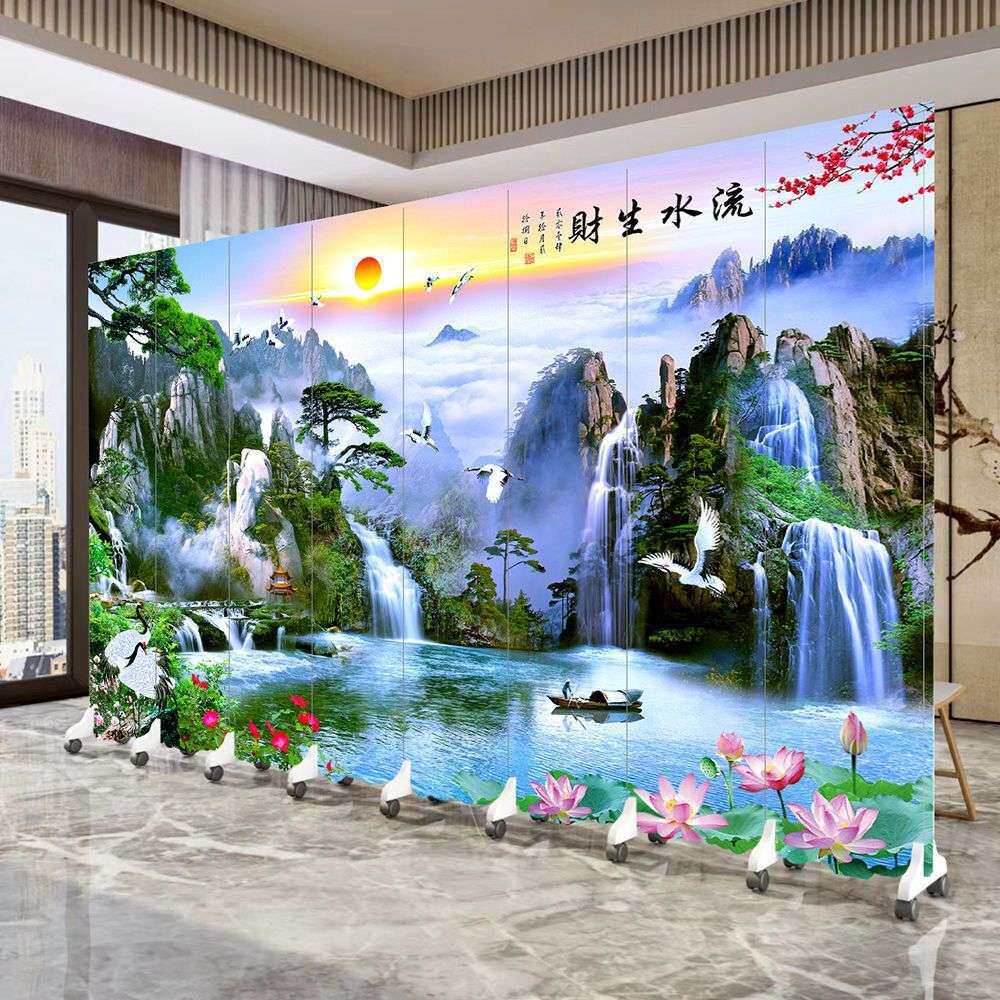 屏风隔断墙流水生财风景玄关山水国画会议办公室瀑布饭店酒店聚财