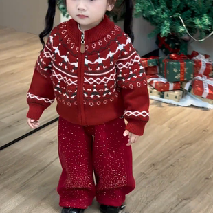 男童秋冬简约红色开衫毛衣2026年新款中小童潮牌新年喜庆长袖外套