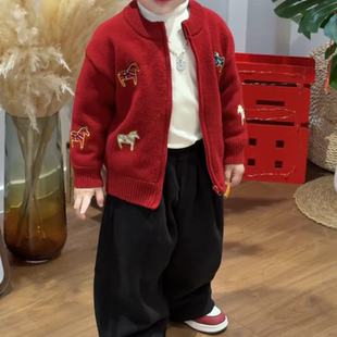 韩版儿童洋气红色卡通刺绣毛衣拉链衫2026秋冬新年男女童针织外套