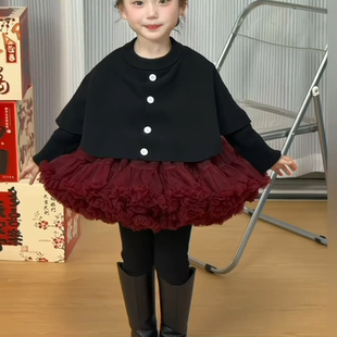 女童秋装针织毛衣2025春秋新款女儿童黑色斗篷毛线上衣tutu裙套装