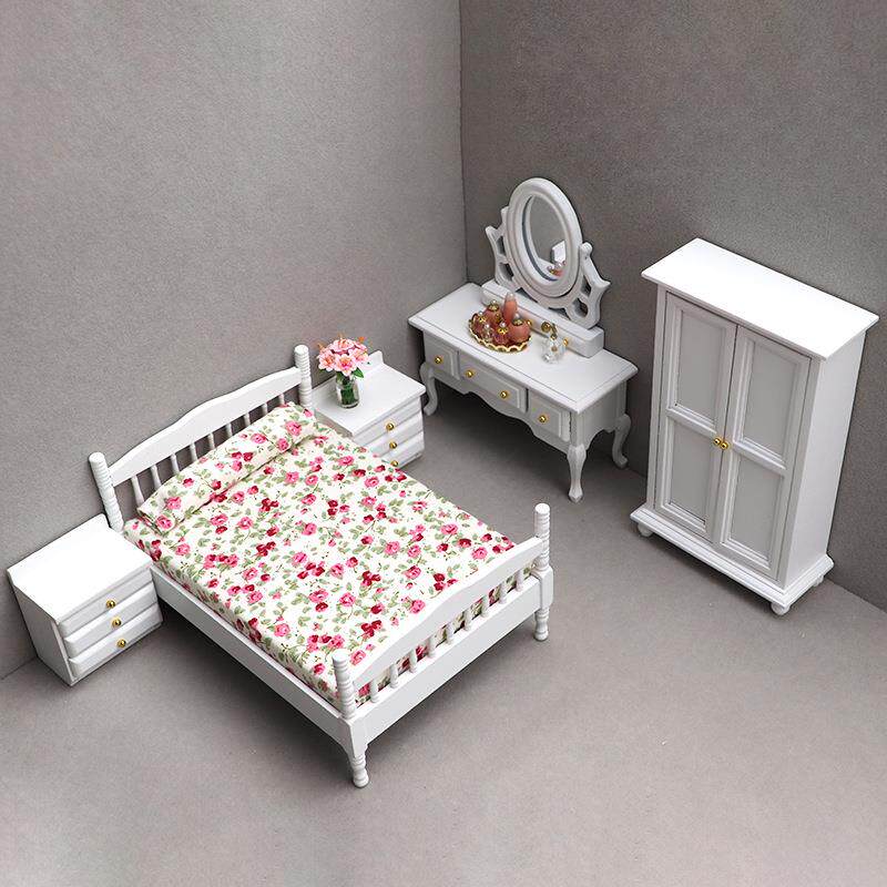 1:12娃娃屋dollhouse迷你家具模型摆件白色卧室微场景床梳妆台柜