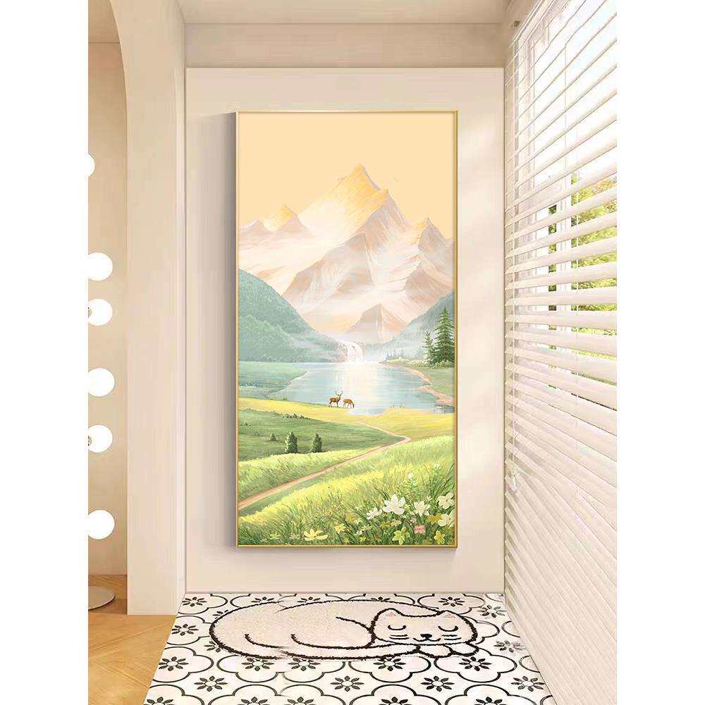 玄关装饰画走廊过道风景画日照金山挂画山水画入户手绘油画墙壁画