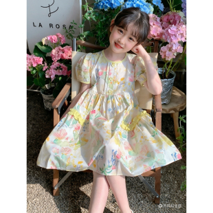 淑女风网纱连衣裙女夏季蝴蝶结娃娃领收腰洋气公主裙中大童