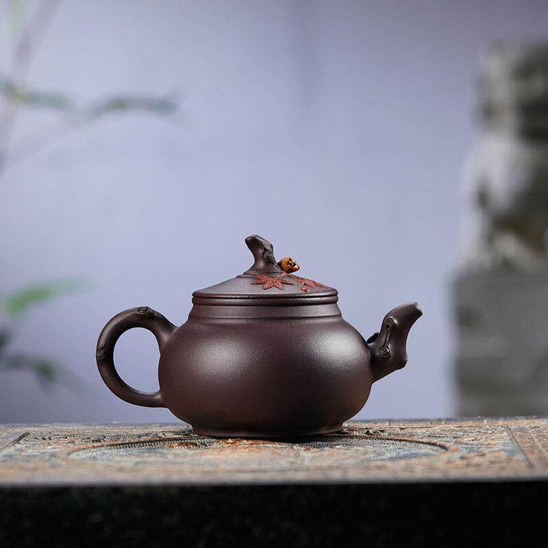 全手工潘壶紫砂壶名家常月红原矿老紫泥树桩松鼠葡萄壶花器精品