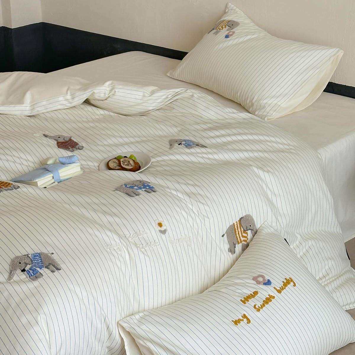 全棉磨毛秋冬简约100S长绒棉四件套纯棉毛巾绣被套单人1.2m米床品