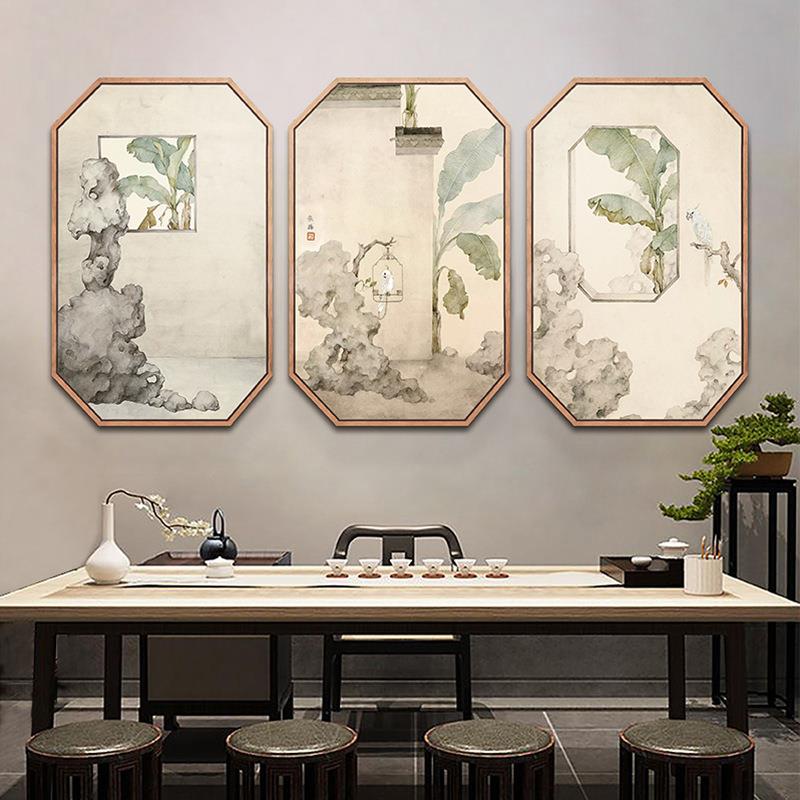 闲情逸致 新中式客厅装饰画禅意花鸟玄关八边形壁画茶室书房挂画