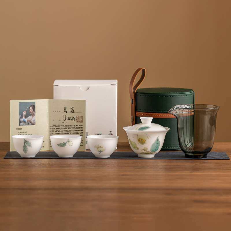 张丽娇大师素烧羊脂玉瓷盖碗旅行茶具便携式户外露营泡茶一碗三杯