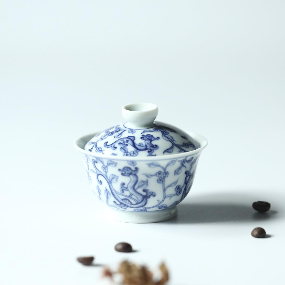 薄胎点工手绘九龙穿花二才盖碗景德镇陶瓷茶具青花泡茶盖碗小号