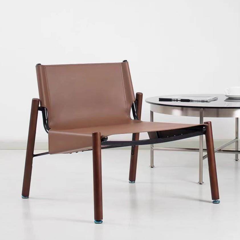 北欧皮质休闲椅实木马鞍皮沙发椅设计师款意式简约单人椅北欧风