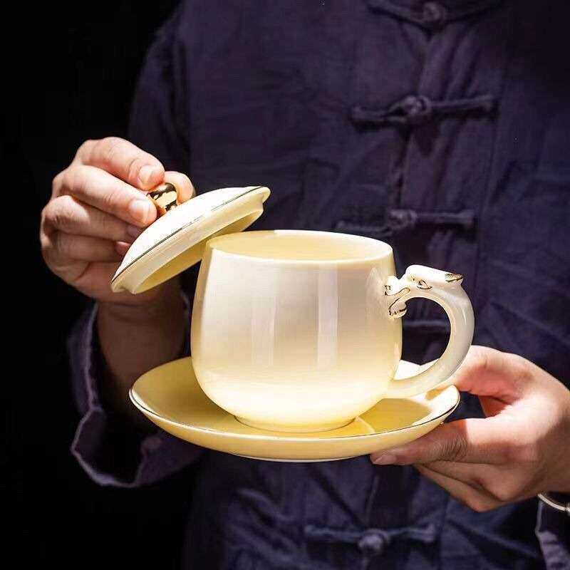 羊脂玉白瓷描金办公室泡茶杯陶瓷咖啡杯大容量杯陶瓷杯带盖马克杯