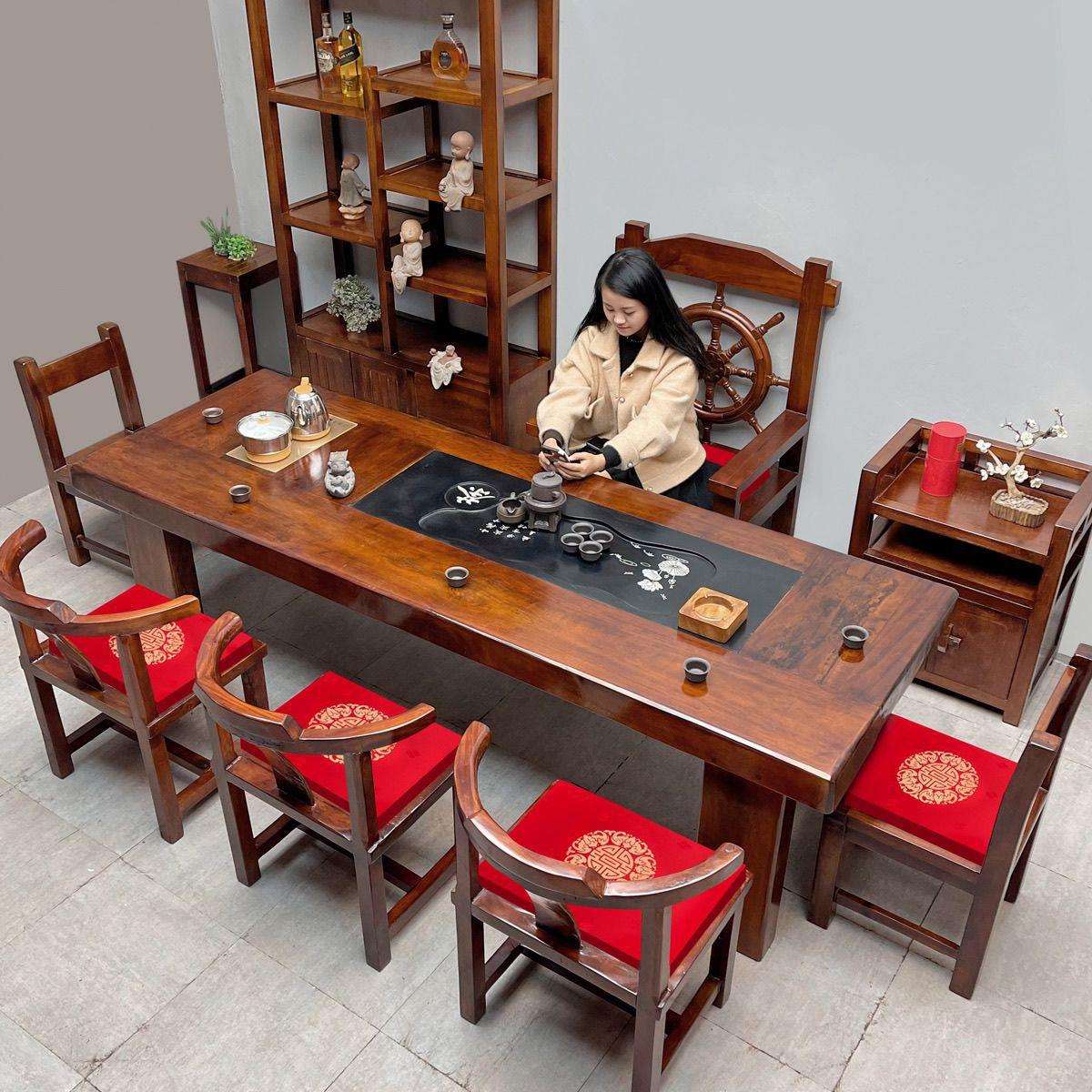 茶台实木老船木茶桌椅组合一桌五椅茶几泡茶桌子烧水壶一体办公室