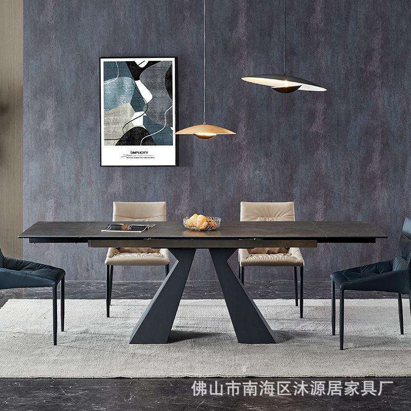 意式极简通体岩板餐桌拉伸缩折叠长方形现代简约家用小户型饭桌