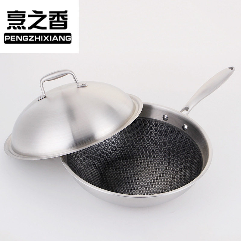 厨房用品SUS304五层钢蜂窝单柄炒锅不锈钢锅