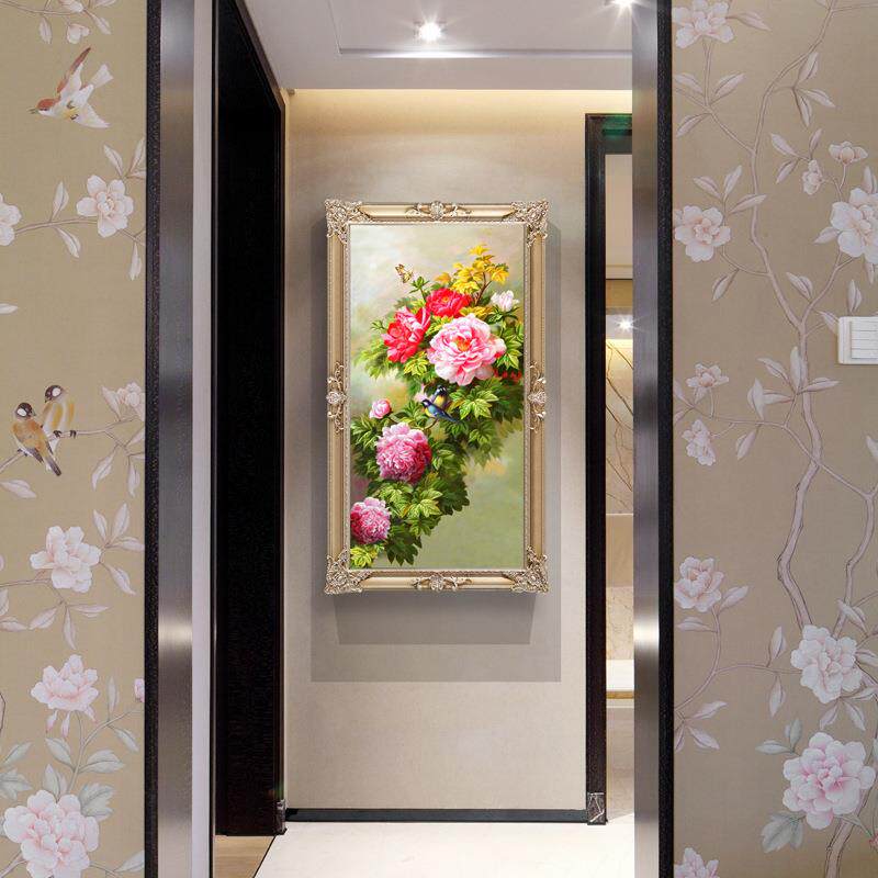 欧式入户玄关竖版油画牡丹花卉走廊过道挂壁画美式墙面酒店装饰画