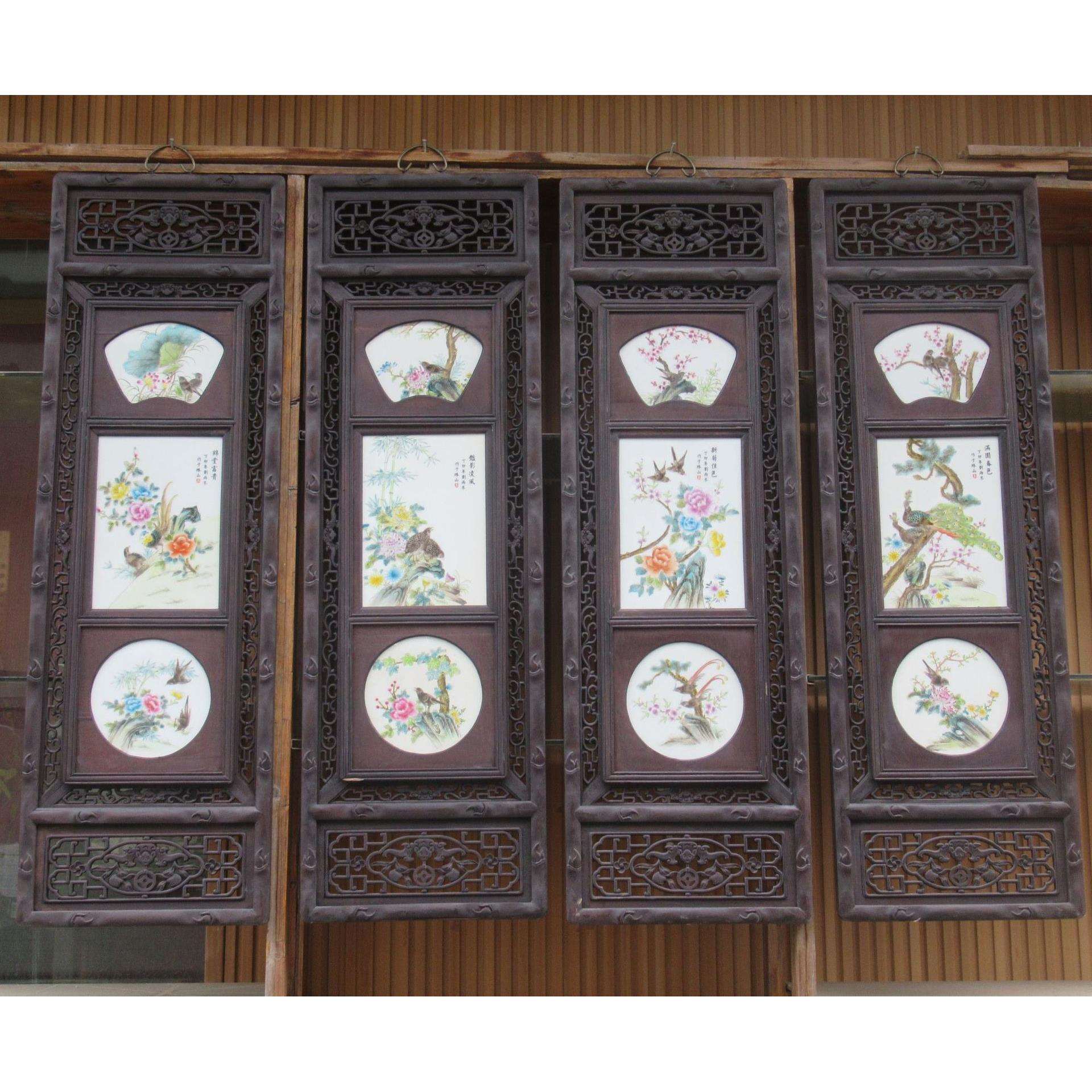 手绘陶瓷瓷板画四季花鸟中式古典装饰画 客厅四联有框画陶瓷工艺