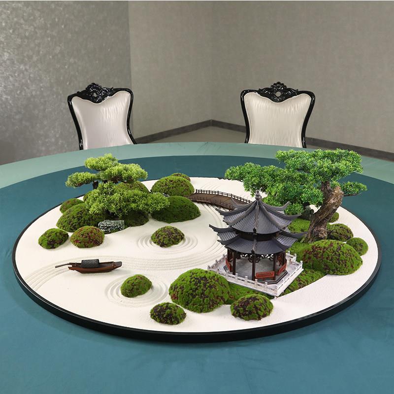 新中式大圆桌转盘摆花枯山水造景沙盘摆件餐桌装饰品微缩盆景桌花