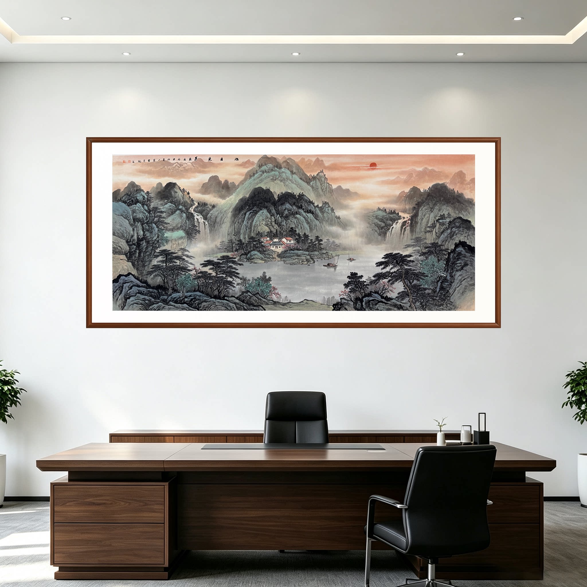 新中式手绘旭日东升聚宝盆挂画