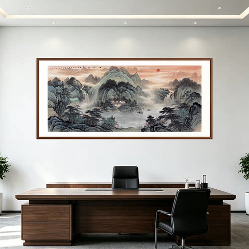 新中式手绘旭日东升聚宝盆挂画