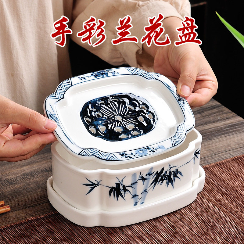纯手工名家彩绘陶瓷储水式小茶盘工夫茶船壶承干泡台青花瓷兰花盘