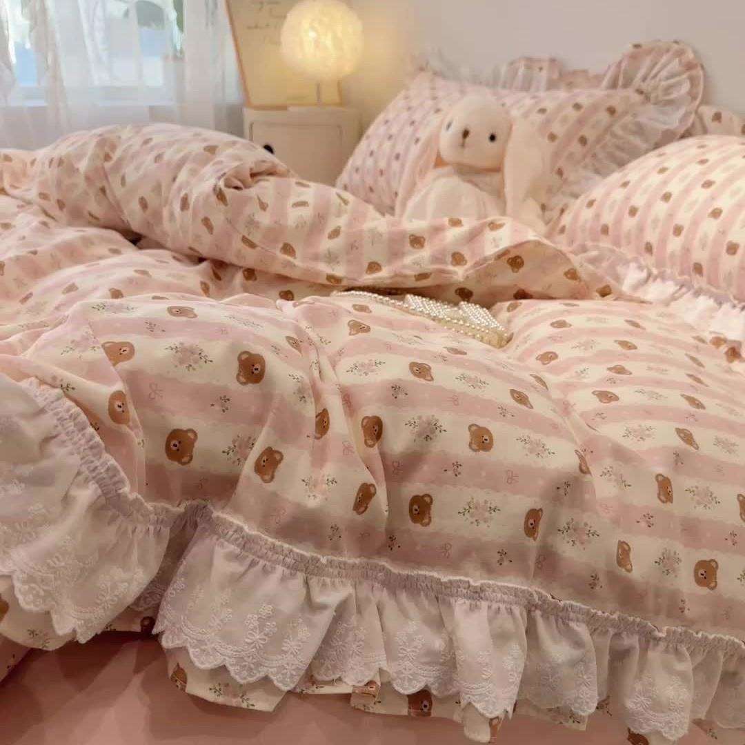 仙女款荷叶边全棉双层纱四件套公主风纯棉被套少女心床裙1.8m床品