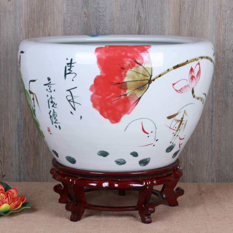 景德镇陶瓷鱼缸花盆手绘窑变裂纹釉荷花金鱼缸睡莲碗莲缸厂家