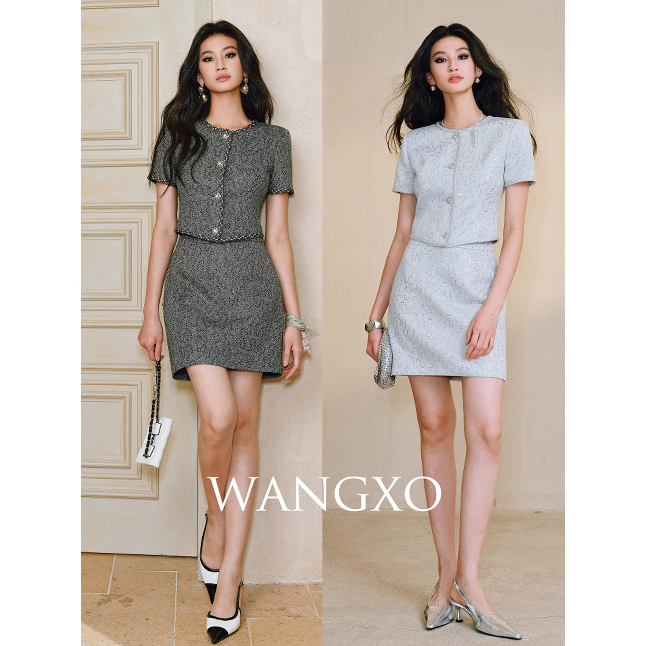 WANGXO｜华丽重磅亮片绣｜修身短款上衣＆包臀半裙轻奢小香风套装