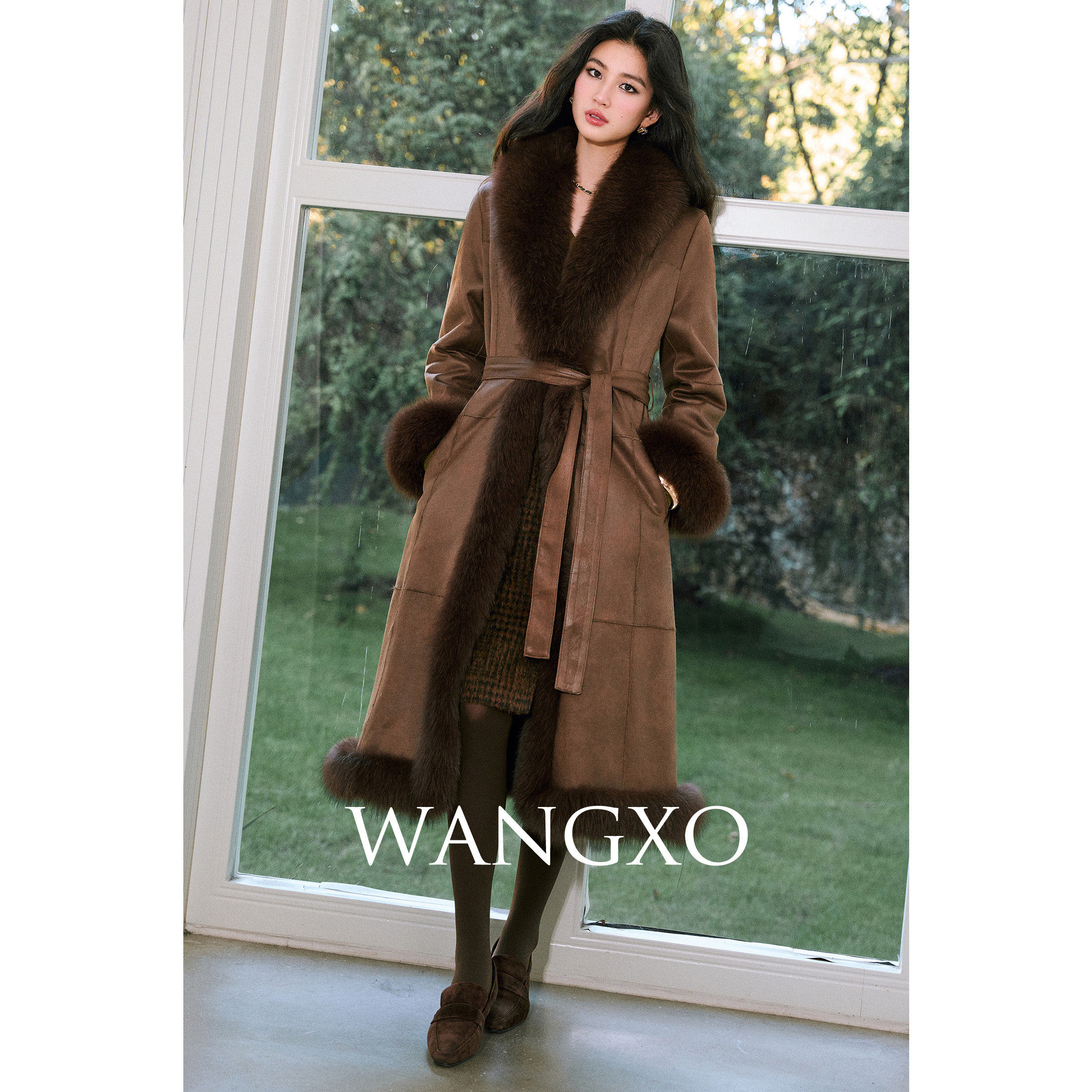 WANGXO|收藏级麂皮绒&真兔皮毛一体|狐狸毛拼接长款皮草外套