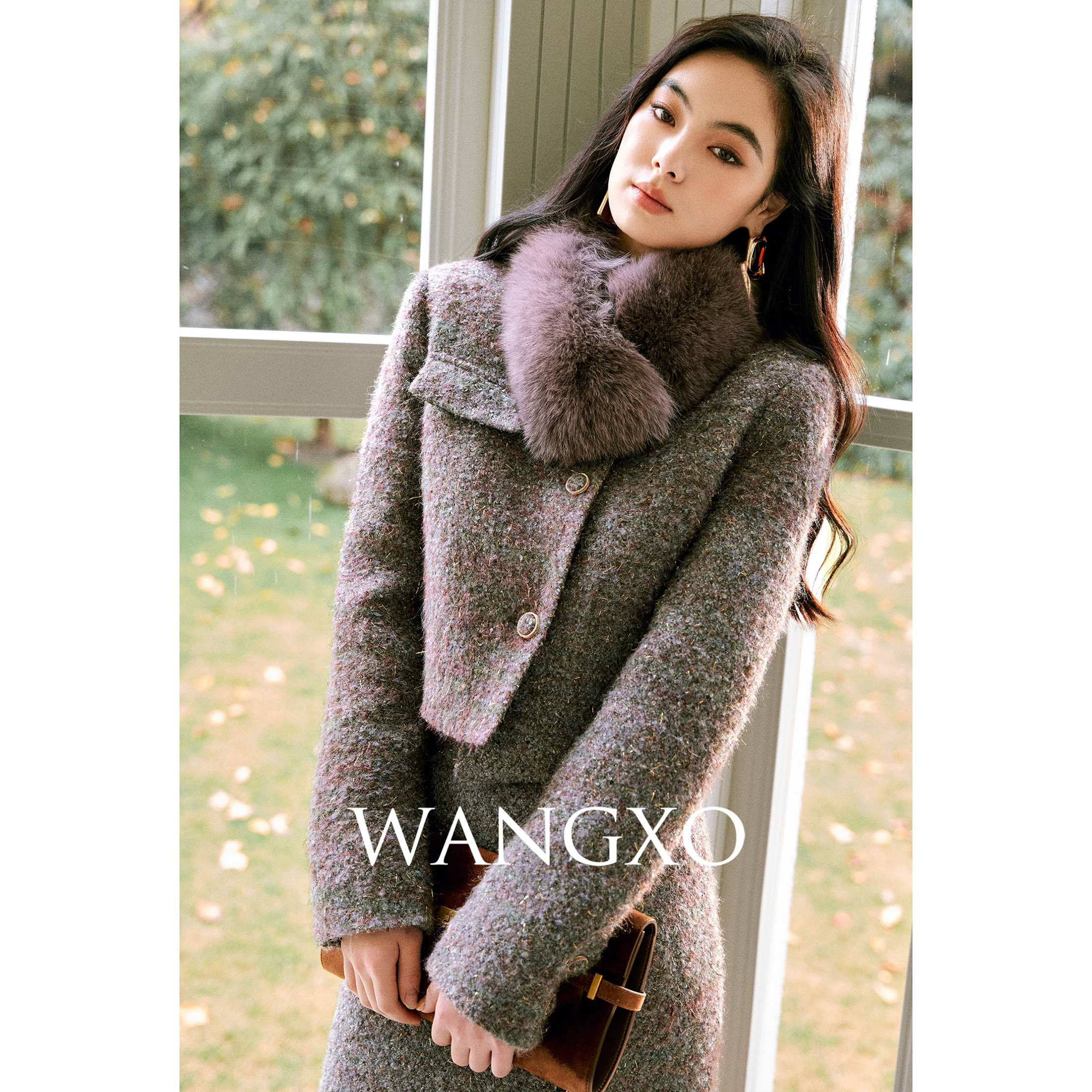 WANGXO|重磅羊毛幽紫花杂毛呢|奢感狐狸毛围巾短外套&半裙套装