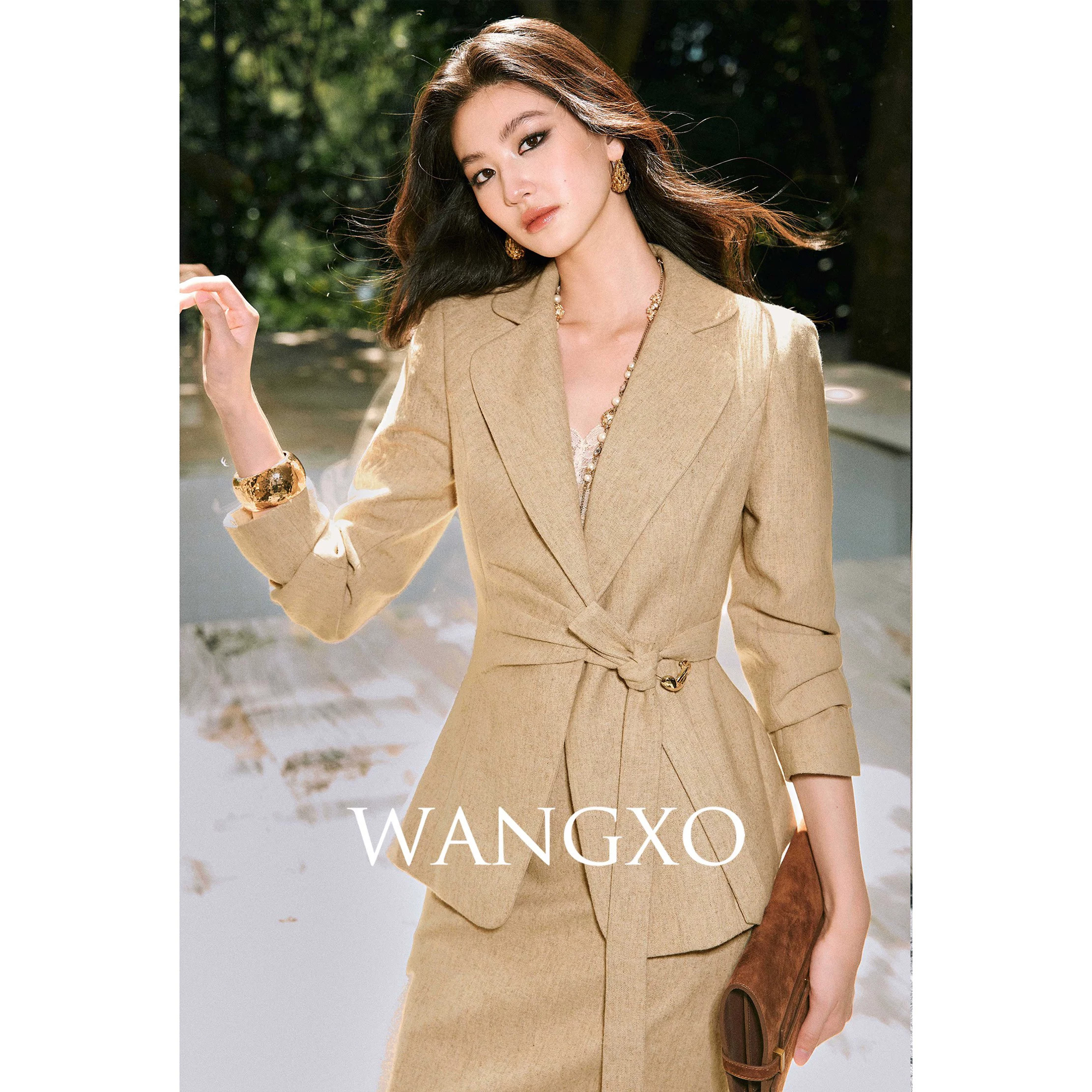 WANGXO时尚棉羊毛收腰单面呢西装外套&高腰铅笔半身裙轻熟风套装