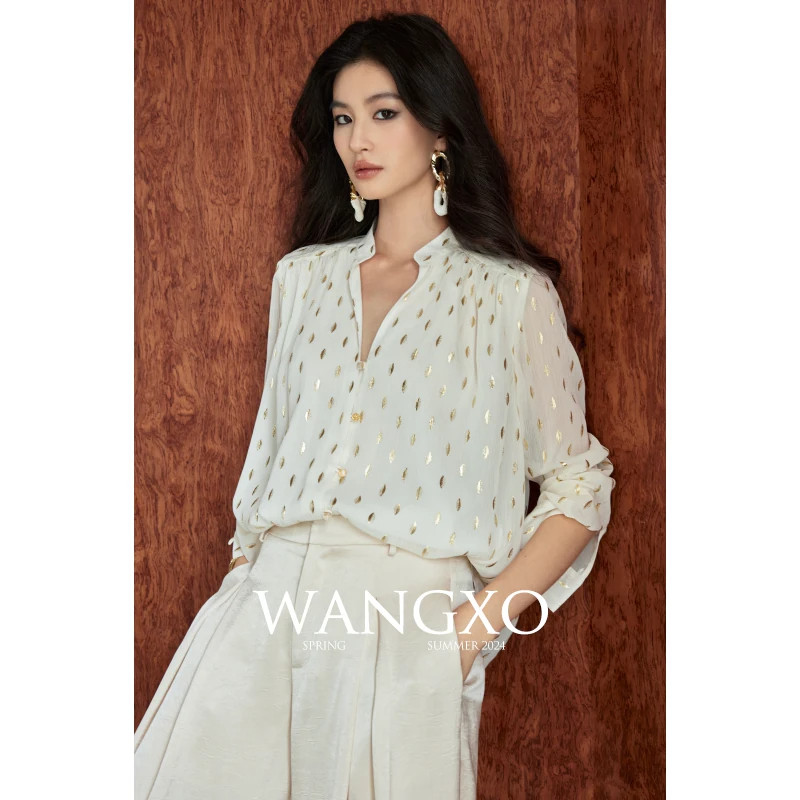 WANGXO烫金雪纺宽松直筒衬衫