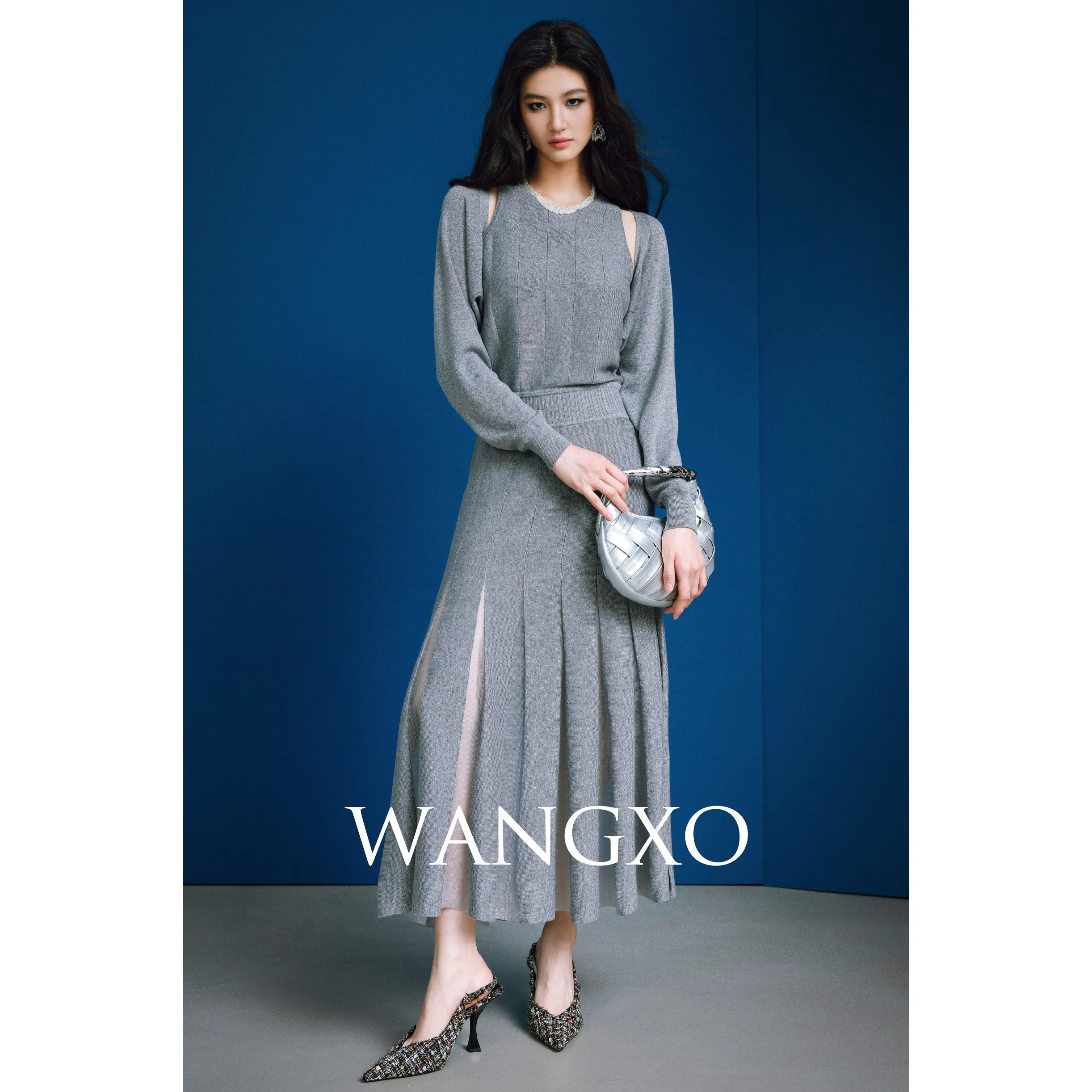 WANGXO|高密羊毛亮丝|德国STOLL16针机织|披肩/连衣裙针织套装