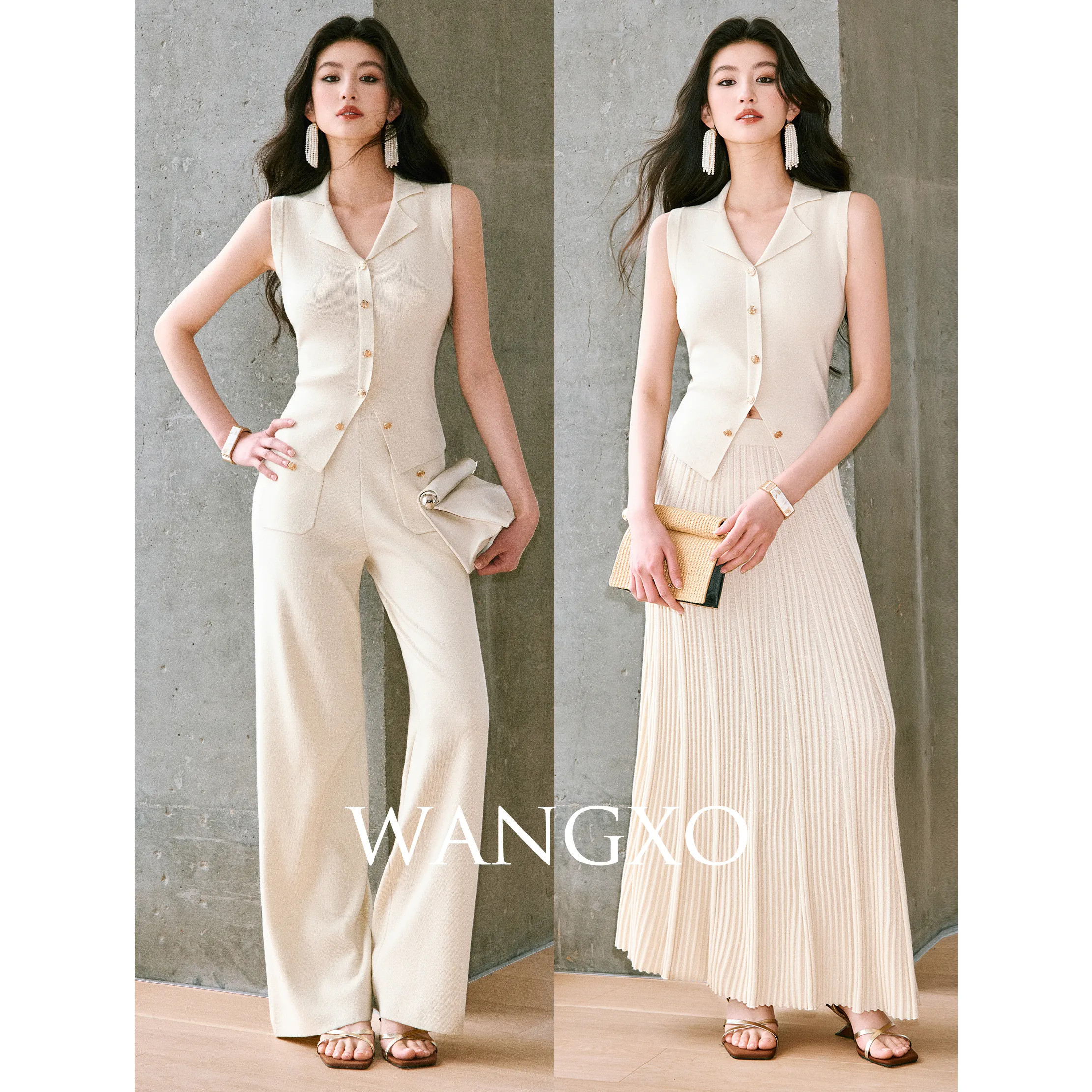 WANGXO｜金银丝羊毛针织｜平驳领单排扣修身上衣＆百褶裙＆直筒裤