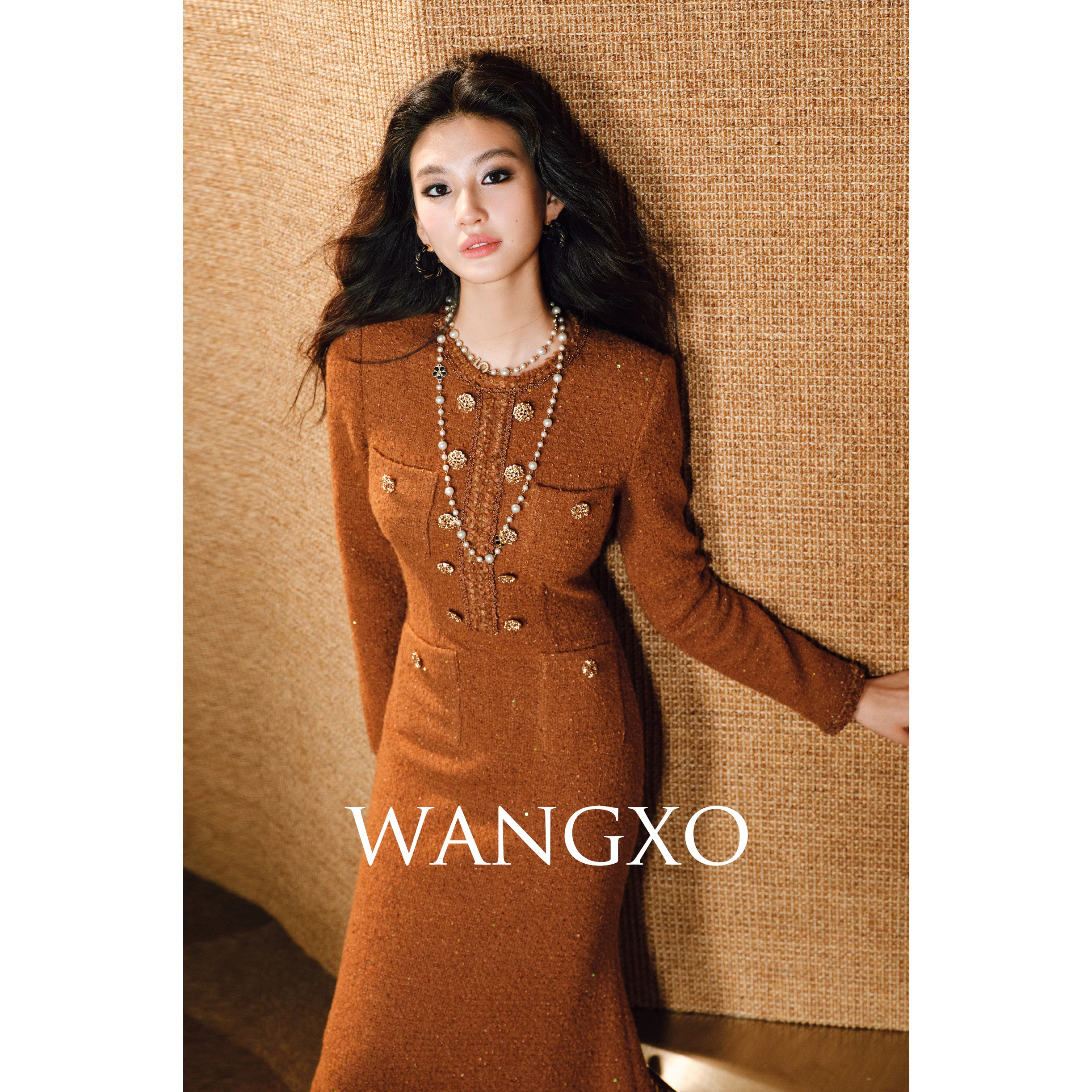 WANGXO|独家璨闪圈圈羊毛花呢|高定瑰宝气质香风修身鱼尾长裙